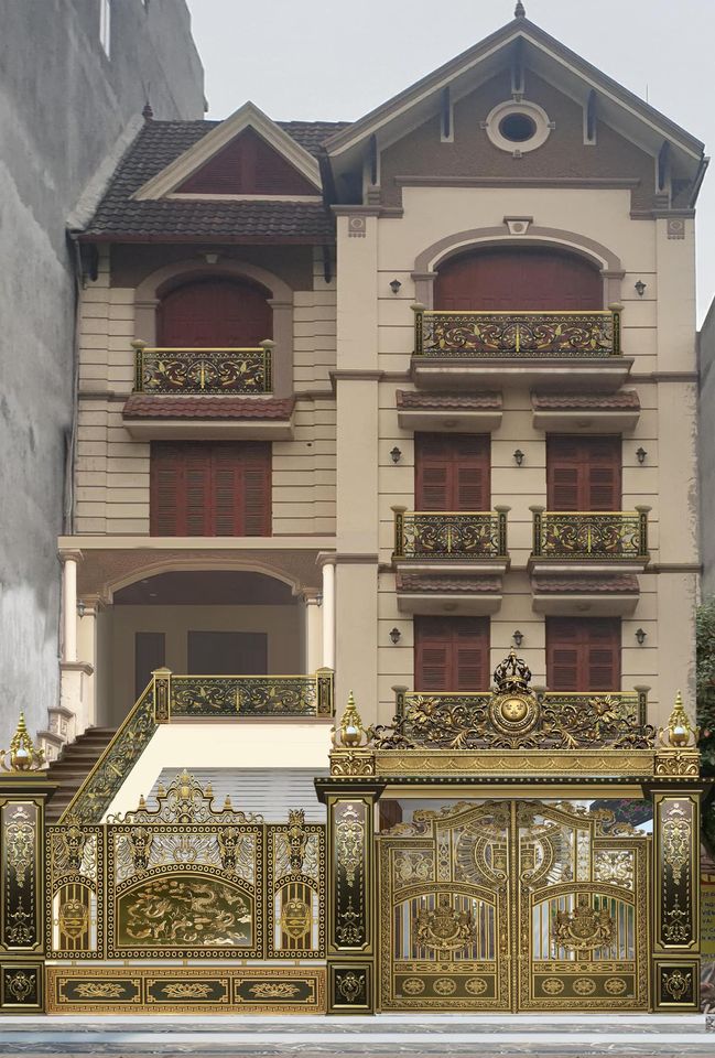 Mẫu nhà phố mặt tiền 5m đẹp kết hợp cổng + lan can nhôm đúc